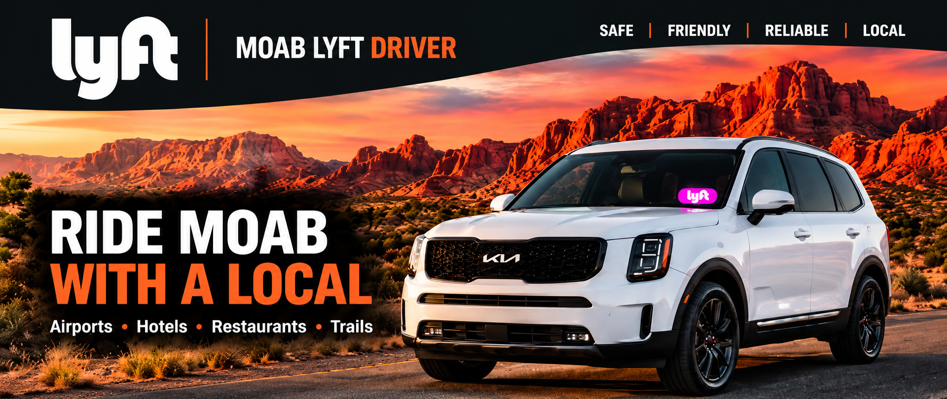 White Kia Telluride with black grille and pink Lyft light at the far windshield edge beside the mirror against Moab red rocks. Ride Moab with a local.